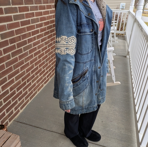 Rare Free People Rendered Denim Sherpa Jacket/Coat- Small ( Oversized) - Picture 3 of 12